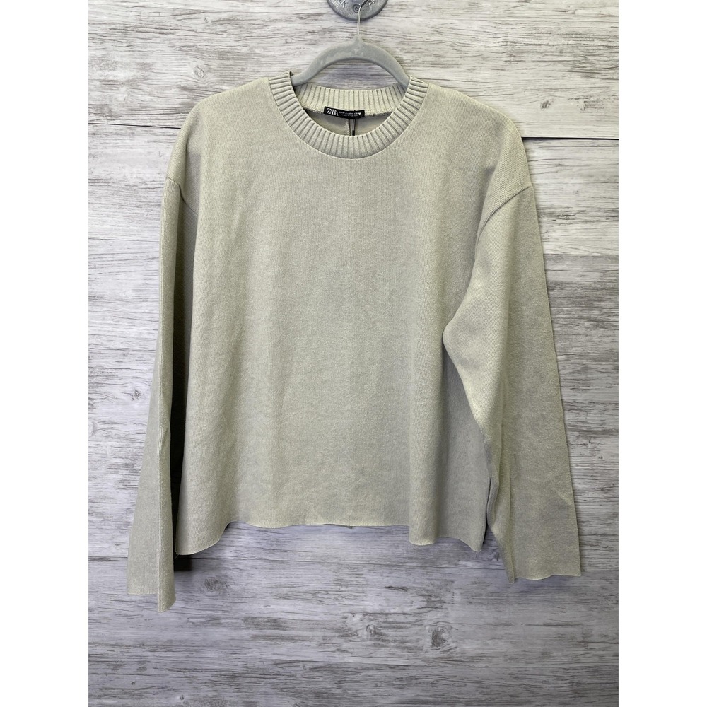 Zara Sweater Womens M Beige Pullover Crewneck Tight-Knit Relaxed Long‎ Sleeve